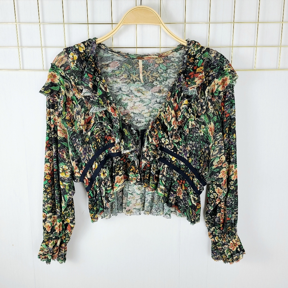 Free People Rudi Ruffle Night Black Orange Floral Garden Printed Top - Picture 2 of 10